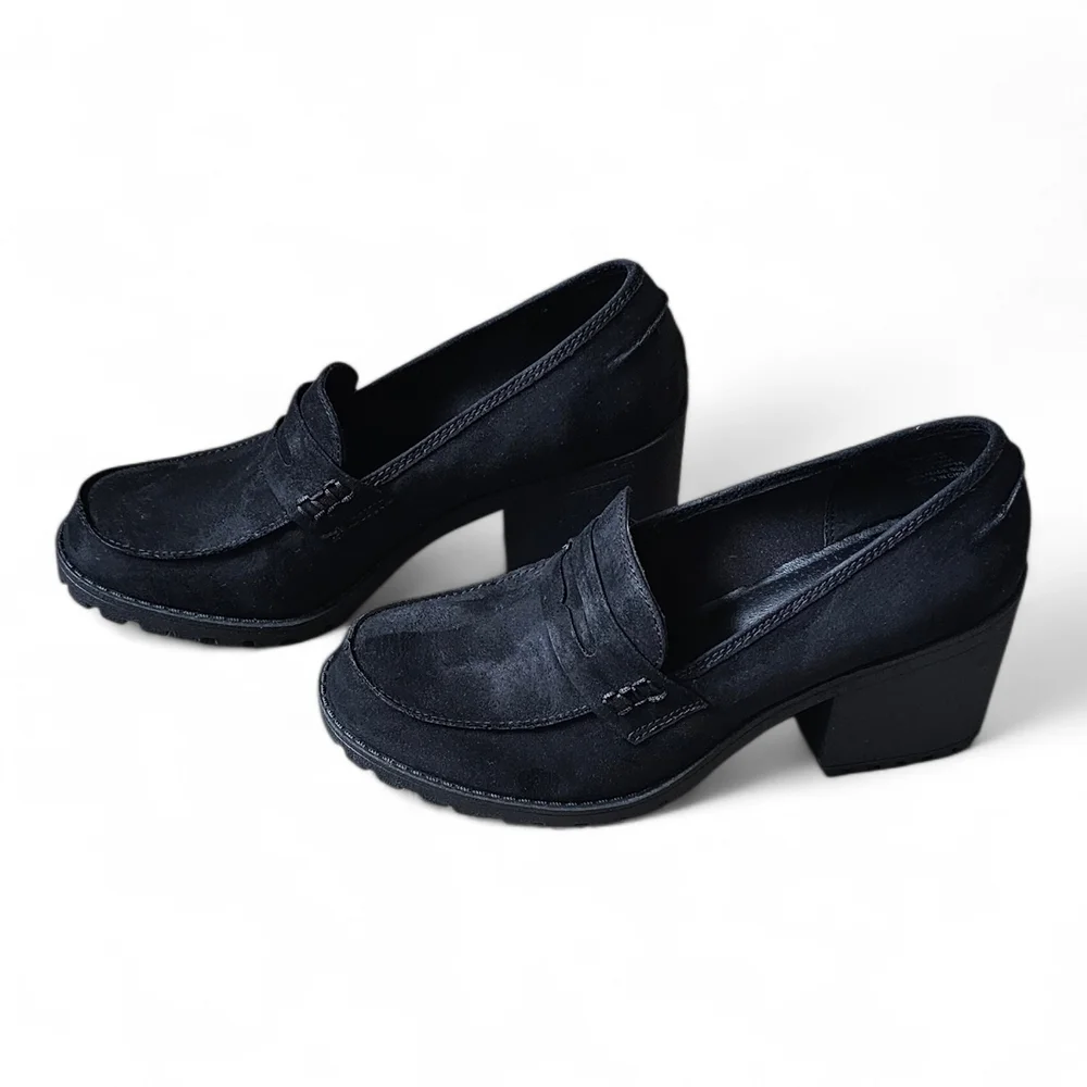 Sun + Stone Women’s Black Suede Block Heel Loafers Size 9